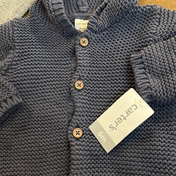 Carter’s New with Tags- Blue Knit Baby Cardigan Sweater with Ears on Hood- 6m - Picture 4 of 5
